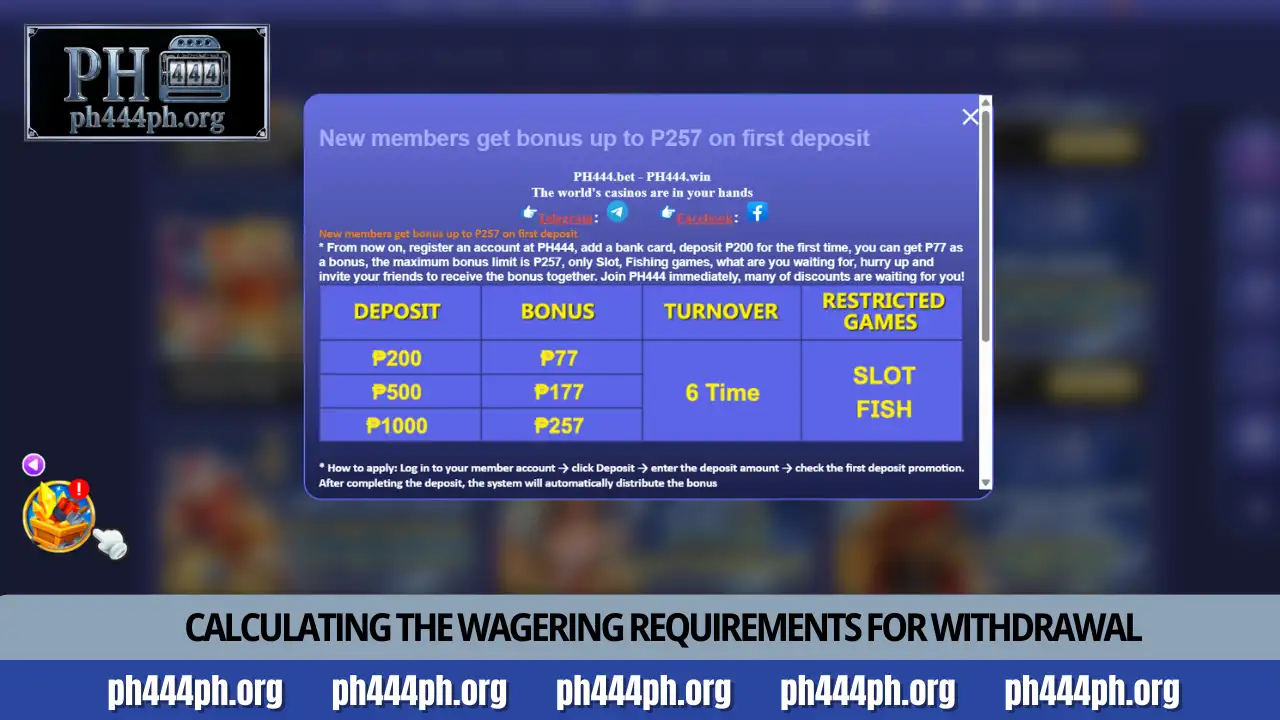 Get ₱257 rewards with the PH444 First Deposit Bonus 3 Calculating the wagering requirements for withdrawal
