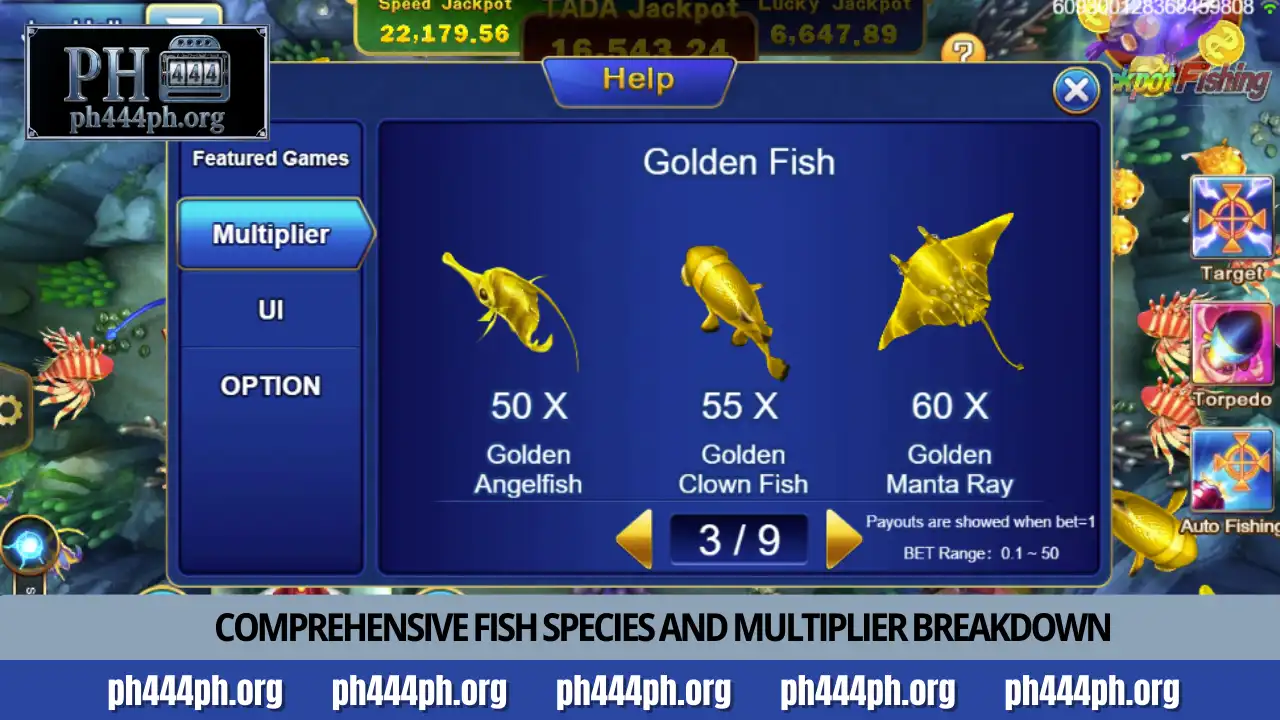 Win big with Jackpot Fishing game online at PH444 3 Comprehensive fish species and multiplier breakdown