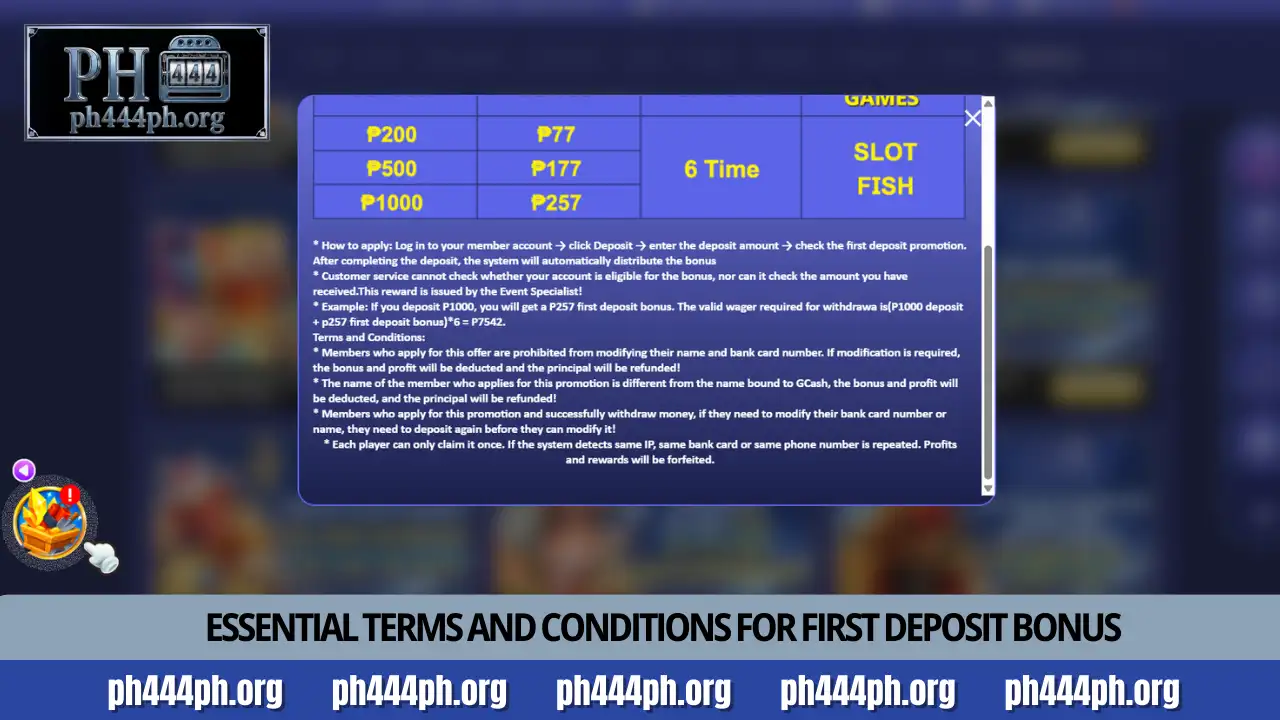 Get ₱257 rewards with the PH444 First Deposit Bonus 4 Essential terms and conditions for First Deposit Bonus